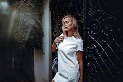 Young woman standing in church