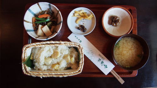 High angle view of food in plate on table