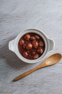 High angle view of food in bowl on table