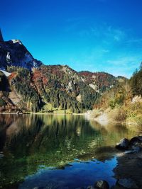 Scenic view of lake and mountains against blue sky