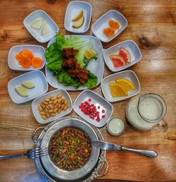 High angle view of breakfast on table