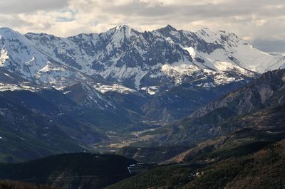 Scenic view of snowcapped mountains against sky
