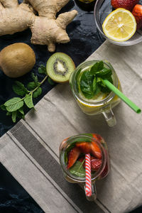 High angle view of drinks on table