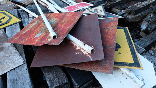 High angle view of broken metal structure