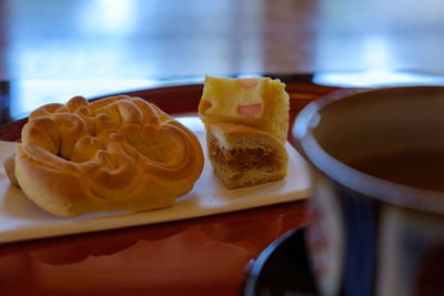 Close-up of cake in plate on table