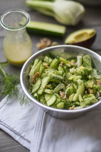 High angle view of salad in bowl on table