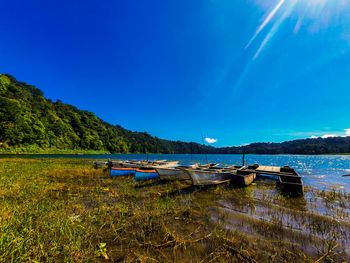 Scenic view of lake against blue sky