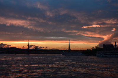 Scenic view of sea against cloudy sky at sunset