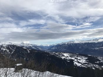 Scenic view of snowcapped mountains against sky