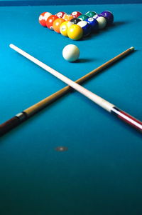 Close-up of multi colored balls on pool table