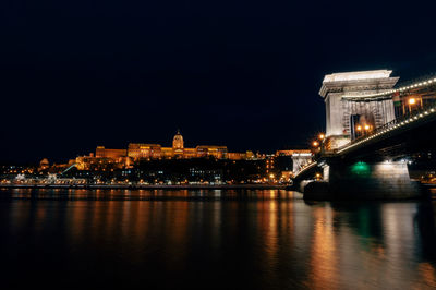 Illuminated bridge over river at night