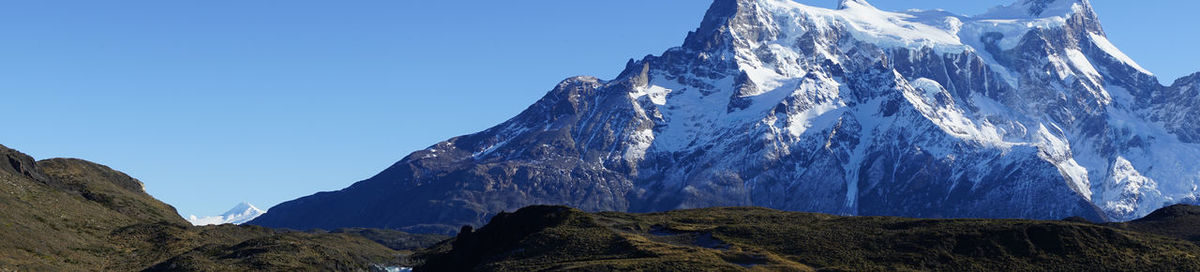 Panoramic view of snowcapped mountains against clear blue sky