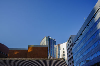 Low angle view of modern buildings against clear sky