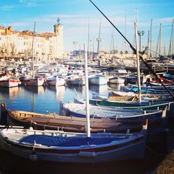 Boats moored at harbor against sky