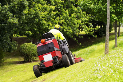 Rear view of man working on tractor against trees