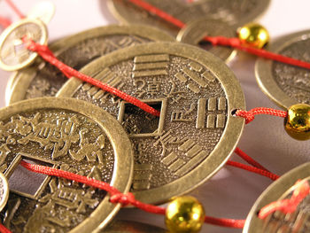 Close-up view of chinese coins