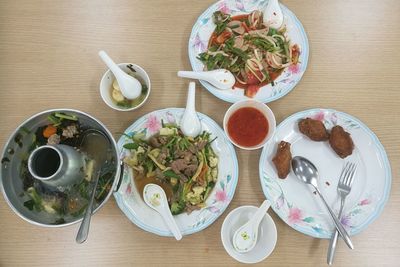 High angle view of breakfast served on table