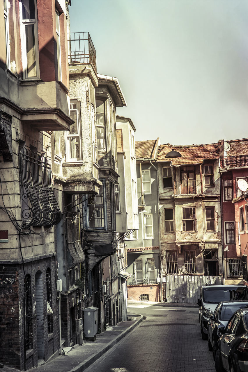 STREET AMIDST RESIDENTIAL BUILDINGS AGAINST SKY