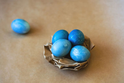 High angle view of multi colored balls on table