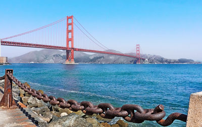 View of suspension bridge over sea