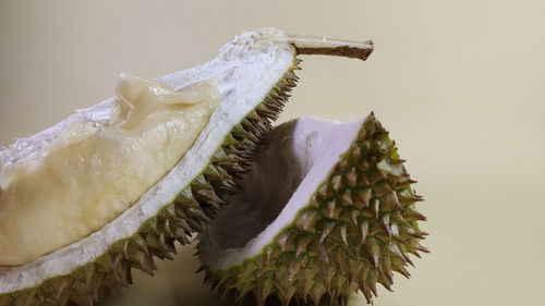 Close-up of fruit on table against white background
