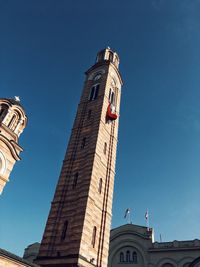 Low angle view of historical building against clear blue sky