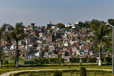 View of townscape against clear sky