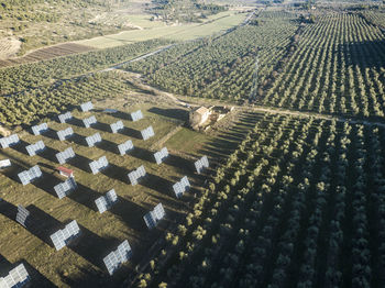 Aerial view of solar panels in a rural landscape in spain