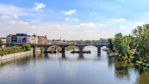 Bridge over river by buildings in city against sky