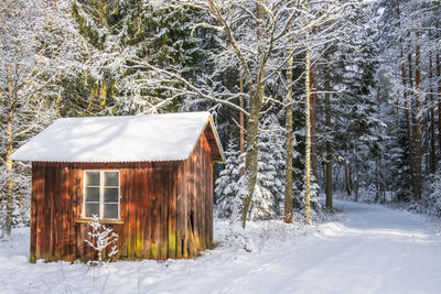 Idyllic red cottage by a road in a snowy winter forest
