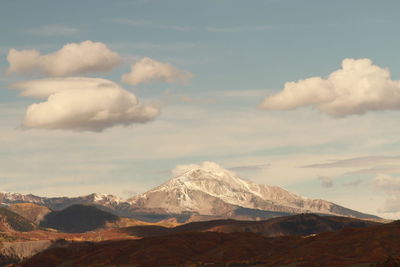 Scenic view of mountains against cloudy sky