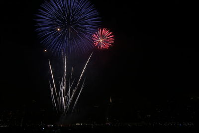 Low angle view of firework display in sky at night