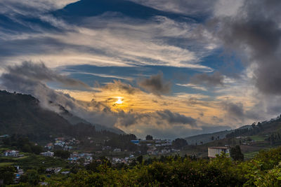 Scenic view of buildings against sky during sunset