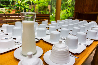 High angle view of wine glasses on table