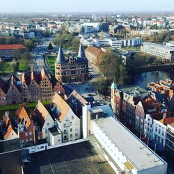 High angle view of buildings in city