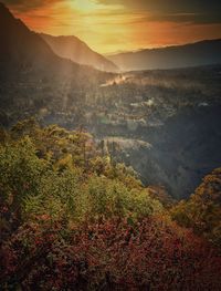 High angle view of landscape against sky during sunset