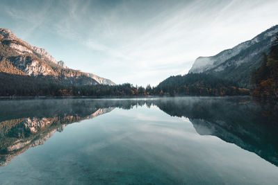 Panoramic view of lake and mountains against sky