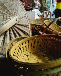 Close-up of wicker basket for sale in market