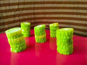 Close-up of multi colored candies on table