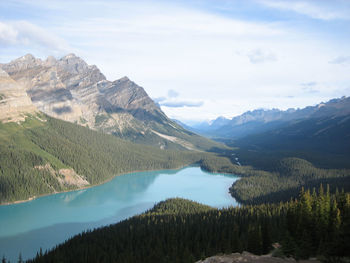 Scenic view of peyto lake and mountains