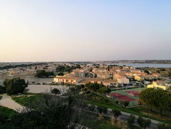 High angle view of cityscape against clear sky