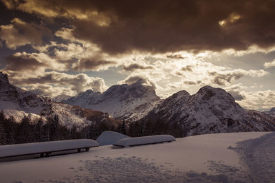 Scenic view of snow covered mountains against sky