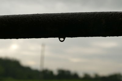 Close-up of water drops on railing