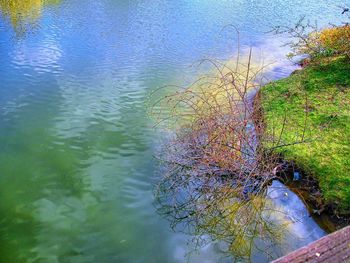 High angle view of reflection in lake