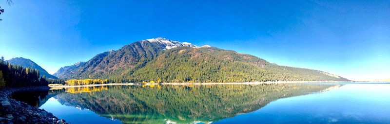 Scenic view of lake by mountains against blue sky