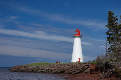 Lighthouse by sea against sky