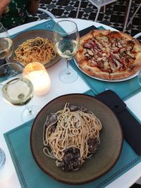 High angle view of pizza served on table