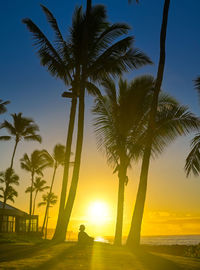 Silhouette palm trees at beach against sky during sunset