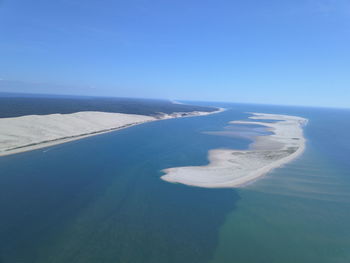 Aerial view of sea against clear blue sky