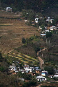 High angle view of townscape against clear sky